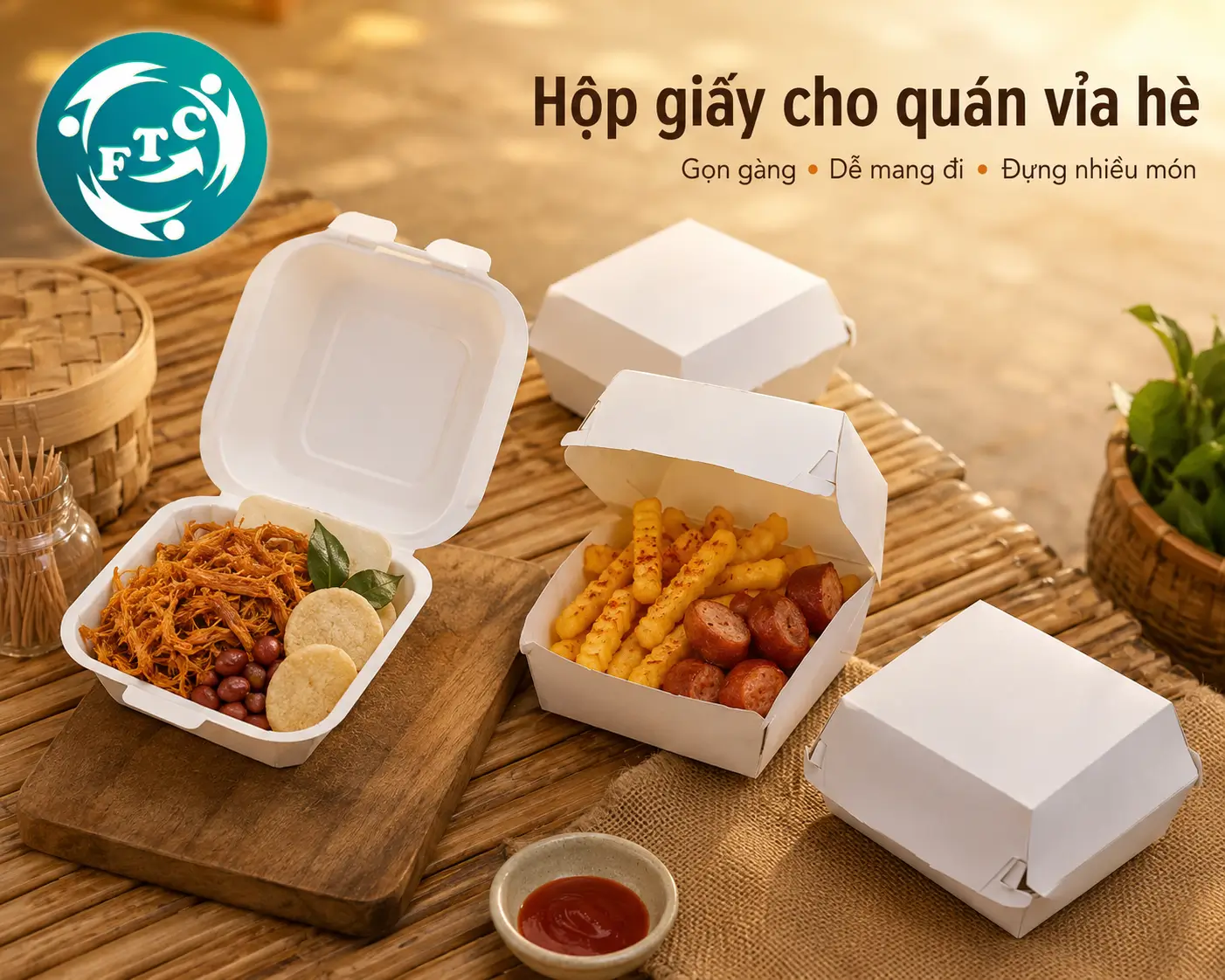 Hộp giấy đựng đồ ăn cho quán vỉa hè mang đến giải pháp đóng gói tiện lợi, thẩm mỹ và phù hợp với nhu cầu kinh doanh hằng ngày