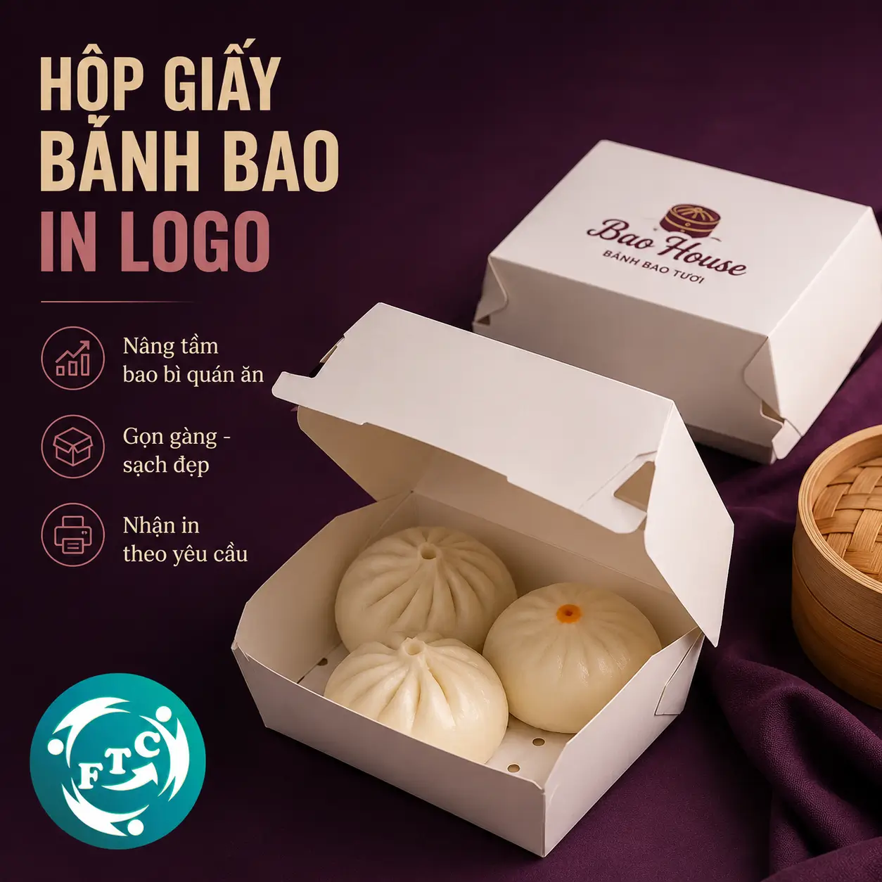 Một thiết kế hộp giấy bánh bao in logo ấn tượng sẽ giúp cửa hàng dễ dàng ghi nhớ trong tâm trí khách hàng