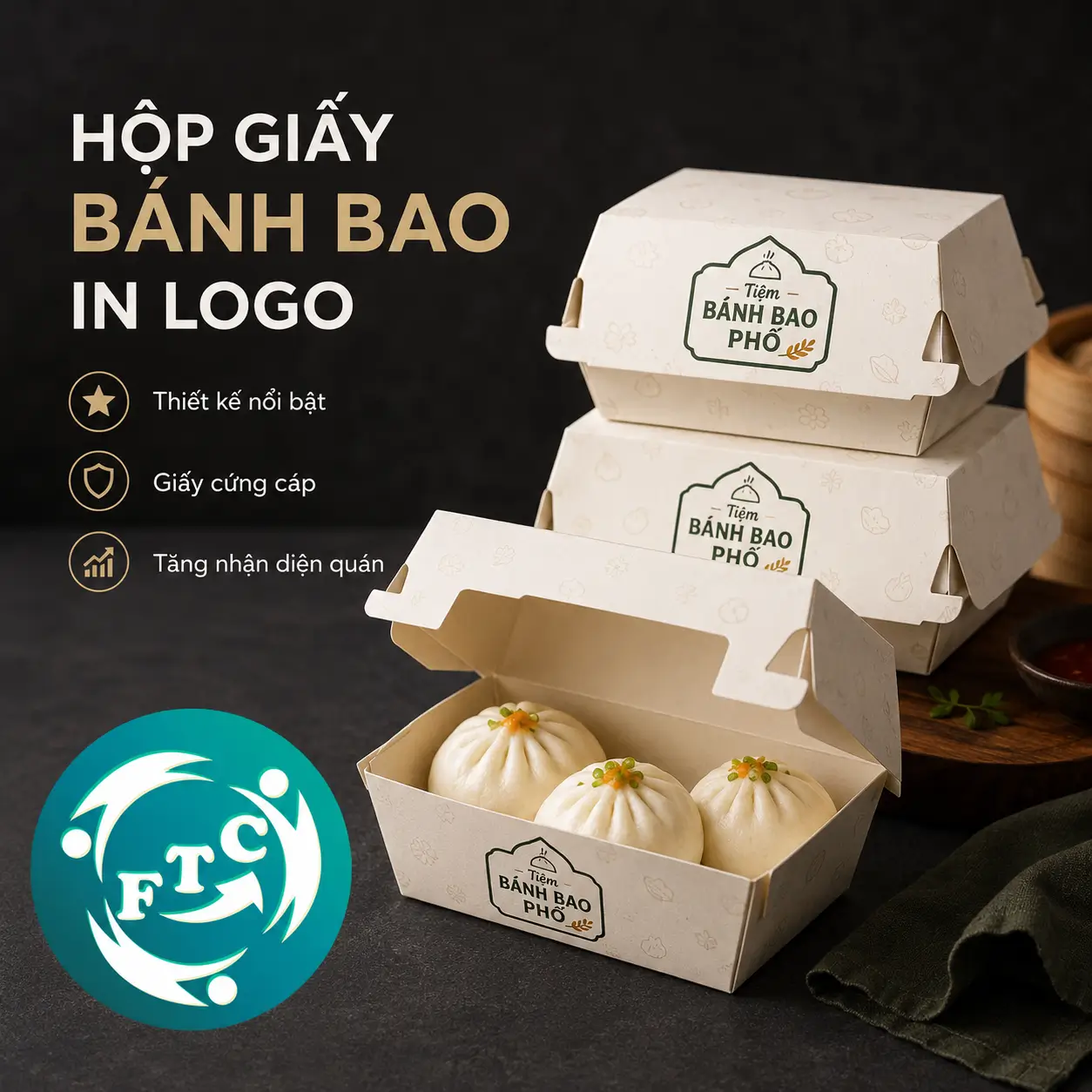 Hộp giấy bánh bao in logo là giải pháp bao bì phù hợp cho mô hình bán mang đi và giao hàng
