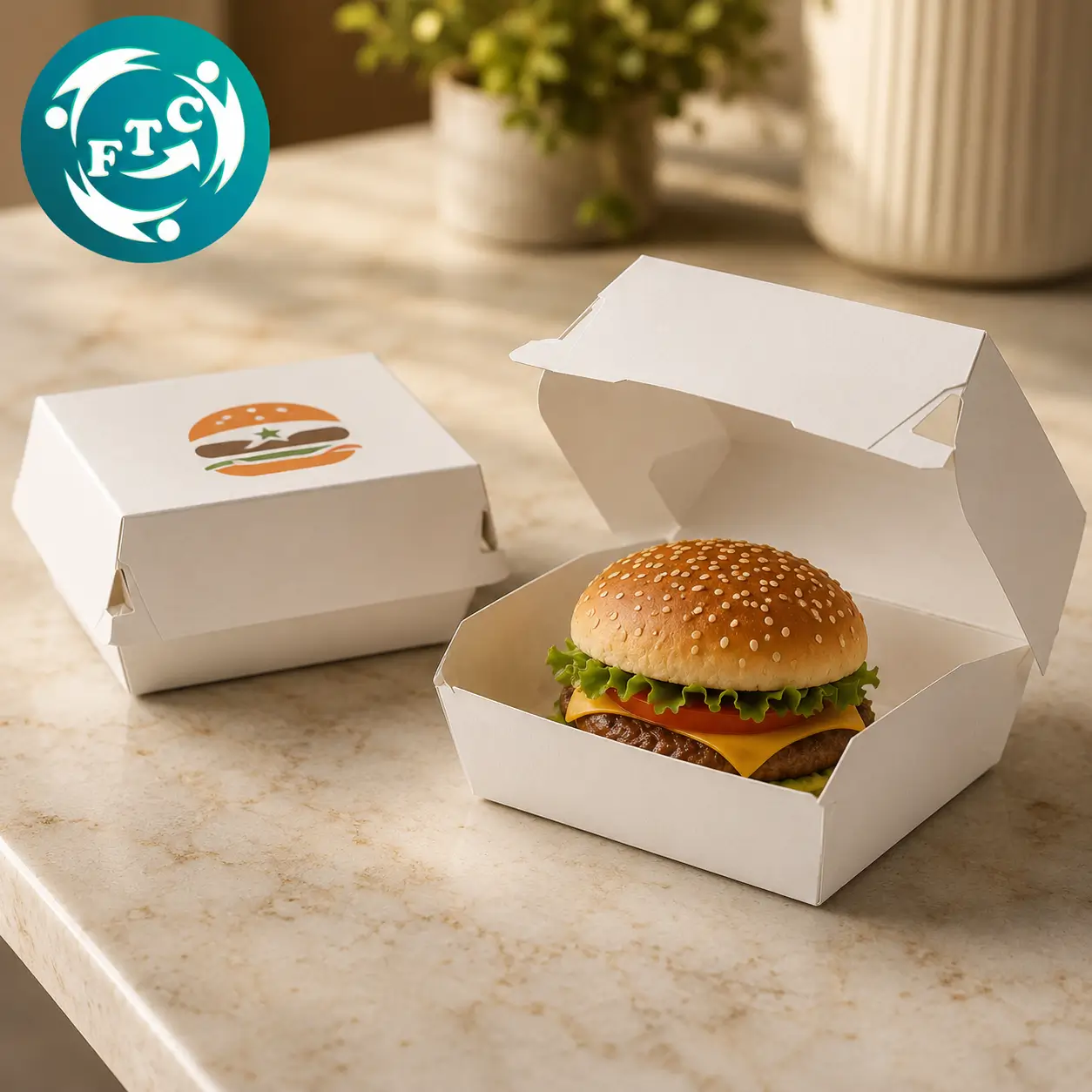 Hộp đựng hamburger có in logo mang đến trải nghiệm chỉn chu từ khâu đóng gói đến khi khách hàng thưởng thức
