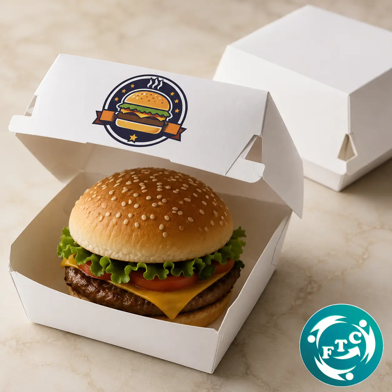 Một chiếc hộp đựng hamburger có in logo góp phần tạo nên hình ảnh chuyên nghiệp cho mỗi đơn hàng