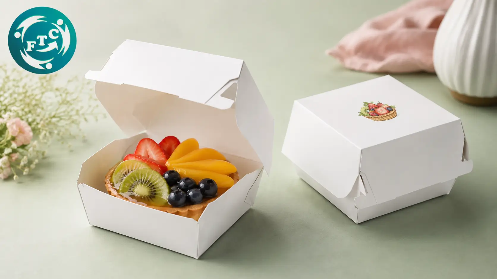 Những chiếc bánh tart được đặt trong hộp giấy in nắp, tạo hình ảnh đồng bộ và đẹp mắt khi bán mang đi